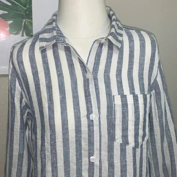 Habitat Relaxed Striped 100% Linen Langelook Button Down Shirt - Picture 2 of 7